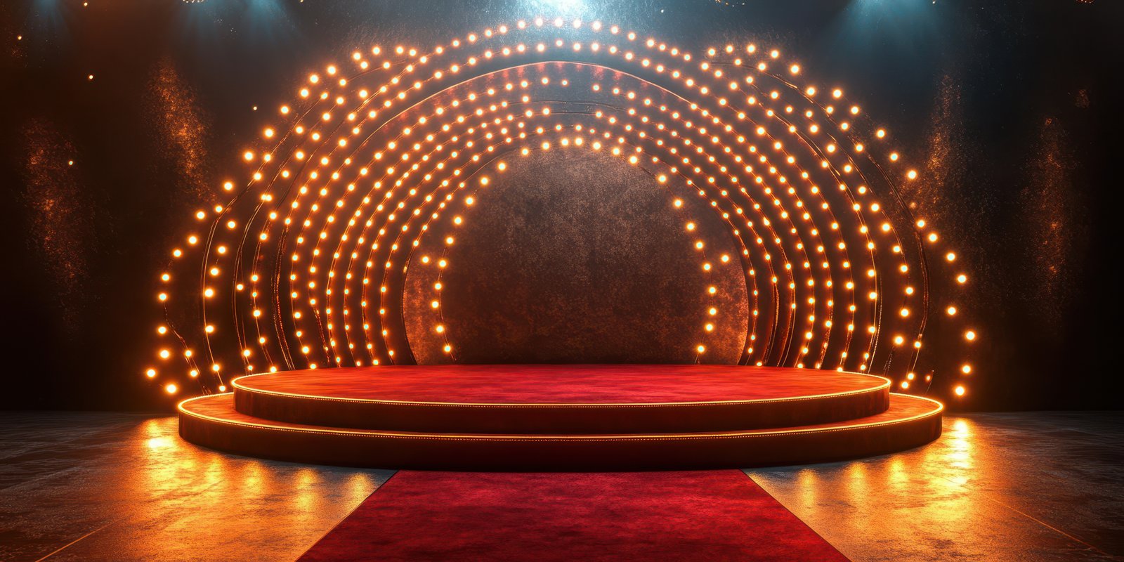 Stage decorated with bright lights and red carpet in a theater setting ready for a performance in the evening